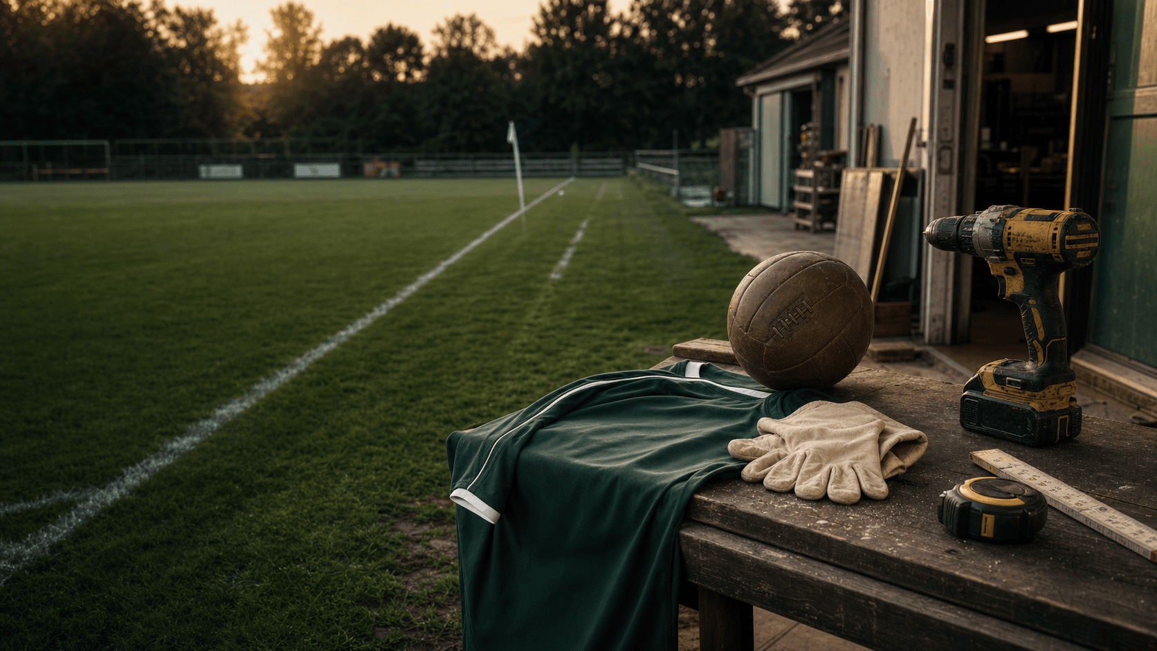 Werkzeug, Fußball und Vereinstrikot am Rand eines lokalen Fußballplatzes