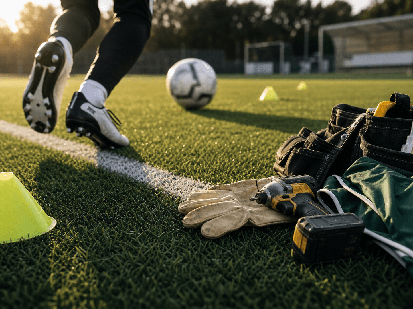 Fußball, Trainingskegel und Werkzeug am Spielfeldrand